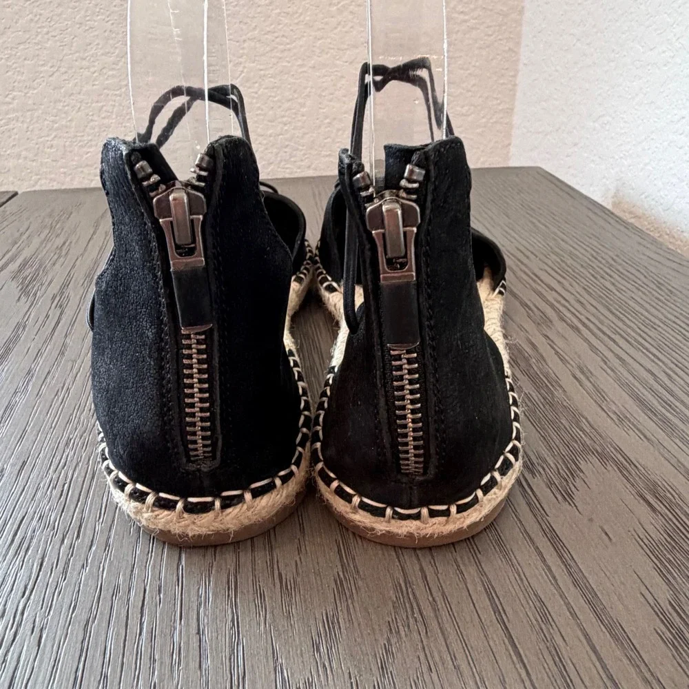 Eileen Fisher Black Suede Lace Up Espadrille Flats Back Zip Sandals‎ 7.5